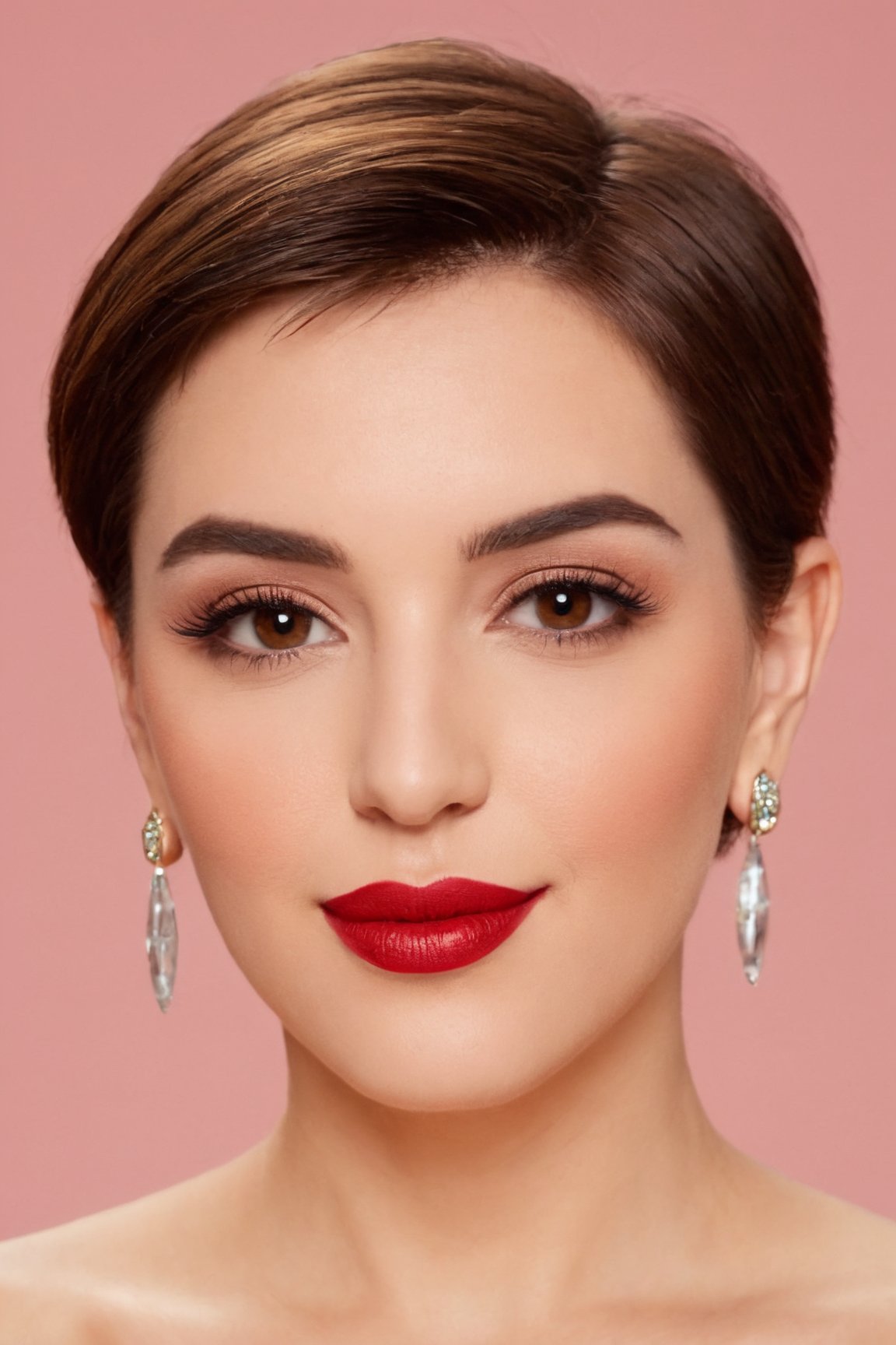 (best quality, 4k, 8k, highres, masterpiece:1.2), ultra-detailed, (realistic, photorealistic, photo-realistic:1.37),beautiful,woman,face makeup, looking at viewer,short hair,brown hair,brown eyes,jewelry,upper body,earrings,lips,makeup,lipstick,realistic