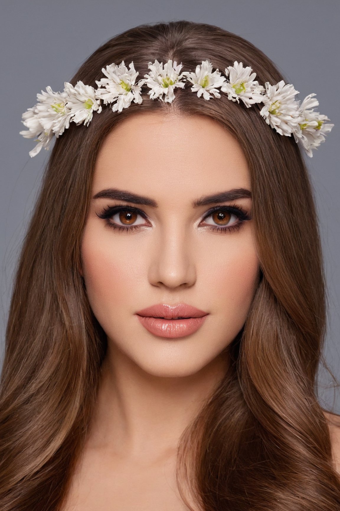 (best quality, 4k, 8k, highres, masterpiece:1.2), ultra-detailed, (realistic, photorealistic, photo-realistic:1.37),beautiful,woman,face makeup, long hair,looking at viewer,brown hair,hair ornament,brown eyes,flower,parted lips,hair flower,grey background,lips,makeup,portrait,realistic