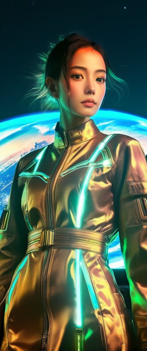 "((Futuristic girl)) immersed in Egypt Cyberstyle, a sleek blend of ancient and cyberpunk elements, standing against a backdrop of a ((fantastic planetscape)) in space, illuminated by the cyber-infused golden hour, ((science fiction masterpiece)), ((vibrant colors)), detailed composition, (best quality),egypt,cool
