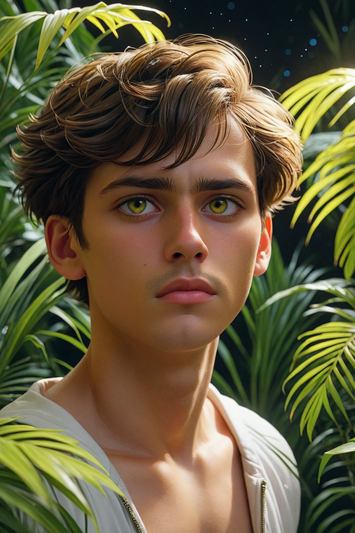 (best quality, 8K, ultra-detailed, masterpiece), 3D, A mesmerizing 8K portrait capturing the essence of a solitary boy in a close-up view, his gaze fixed afar, set against the backdrop of a synthwave art style poster. The scene is adorned with lush palm leaves and delicate white flowers, adding an intriguing geometric pattern to the composition. The entire setting is bathed in a neon yellow glow, reminiscent of the synthwave aesthetic, against a dark, starry night sky illuminated by bioluminescent elements. This artwork radiates fortitude and wholesome beauty, inviting you to immerse yourself in its unique and captivating world.