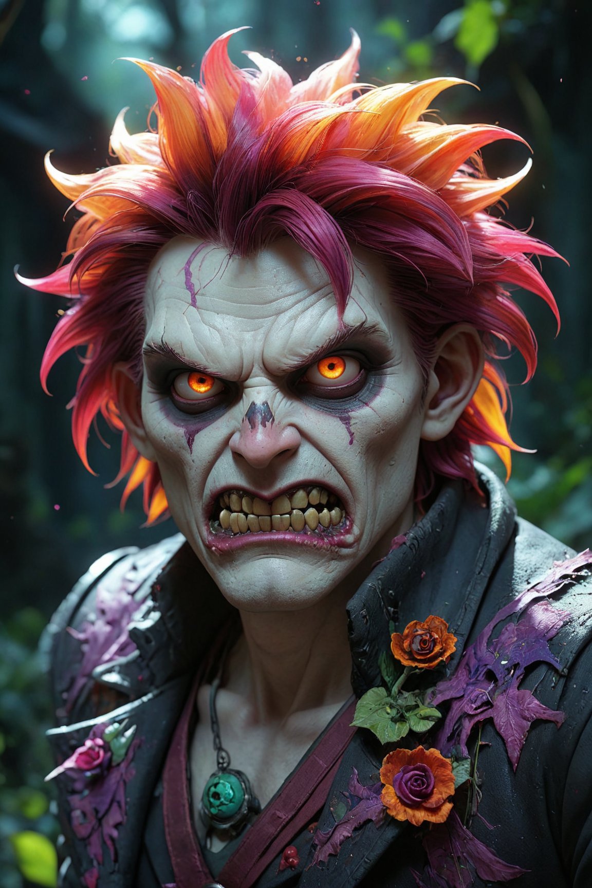 (best quality,8K,highres,masterpiece), ultra-detailed, (photorealistic, anime-style), illustration painting of a luminous and enchanting bad guy, undead/human-like creature with vibrant and colorful dark hair. The character strikes a dynamic pose in a fantastical realm environment filled with vivid hues and vibrant colors, illuminated by fantastical light particles. The mid shot composition and rule of thirds depth of field showcase intricate details, emphasizing the creature's grandeur and awe. The scene is cinematic, featuring double exposure effects and strong outlines, creating a stunning visual masterpiece bursting with lively and energetic colors.
