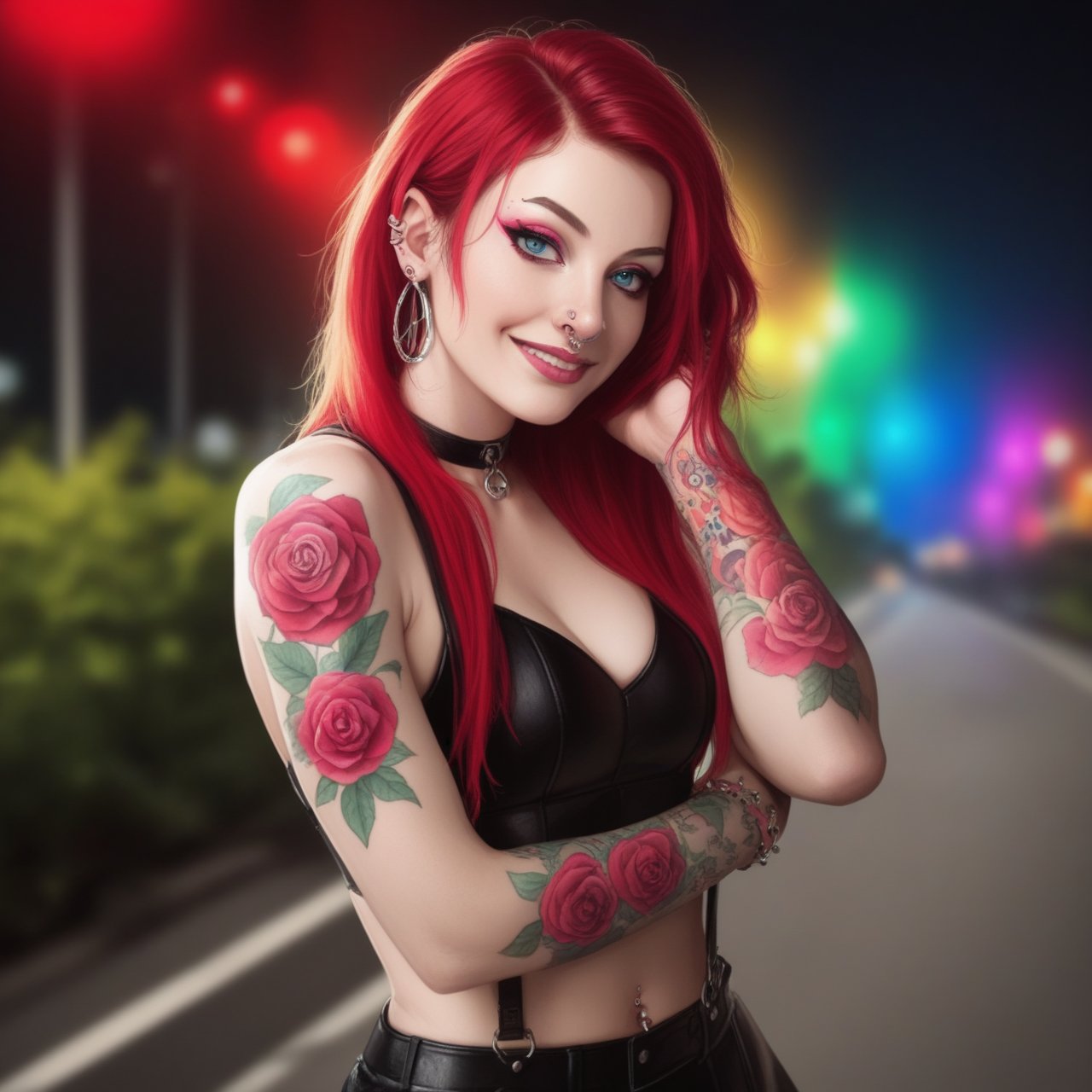 score_9,score_8_up, score_7_up, score_6_up, score_5_up, score_4_up,1girl,makeup,long red hair, (((colorful tattoos , piercings))), egirl,solo, looking at viewer,, blue eyes, seductive smile, slim athletic physique,, gritty urban urban setting at night, bokeh,pink-emo, hyper realism, photo realistic, 8k, digital slr, vibrant colors 