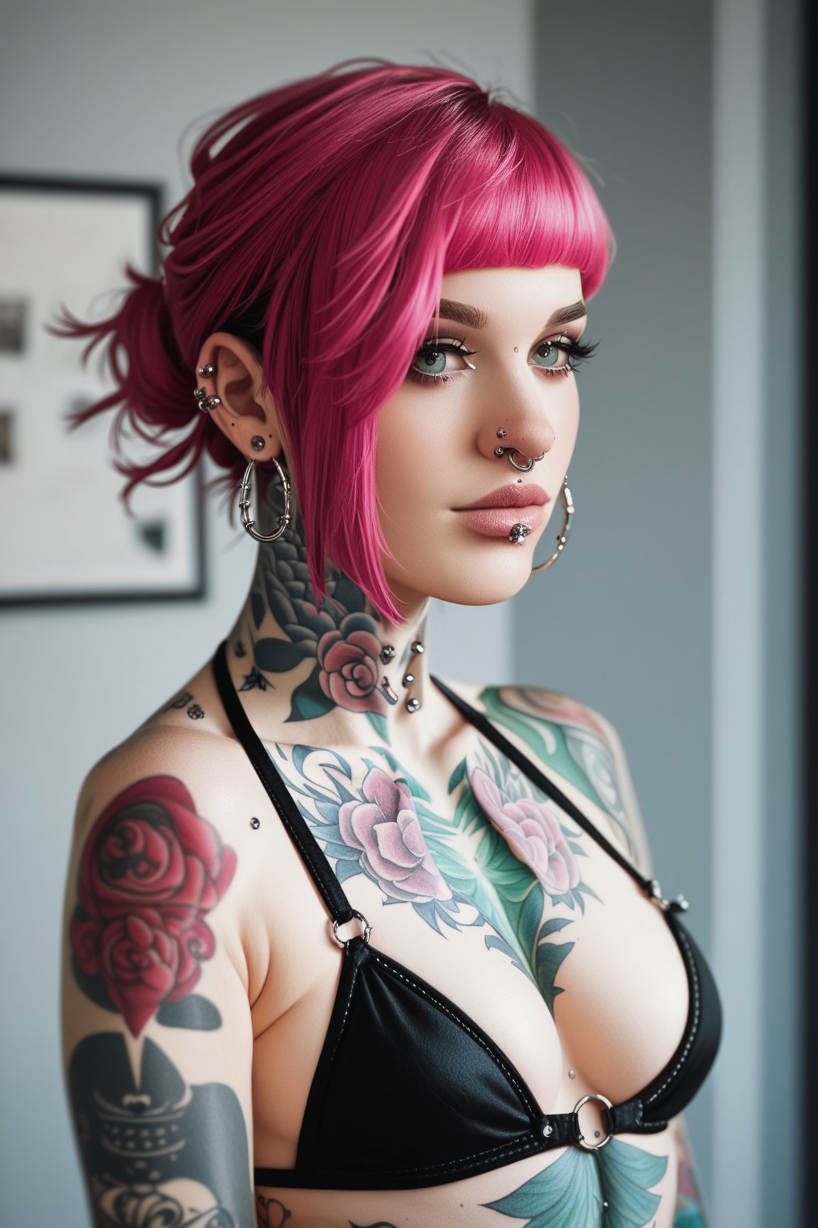 score_9,score_8_up, score_7_up, score_6_up, score_5_up, score_4_up,hyper realism, photo realistic, 8k, digital slr,  1girl, 1girl,(chest tattoo, arm tattoo, neck tattoo, piercings, septum piercing:2) , swimsuit, solo,crochet  bikini, black nails, jewelry, lips, pink and magenta hair, emo hairstyle, standing pinup model pose, shot on a RED digital cinema camera, (masterpiece:1.4), absurdres,pink-emo, gritty urban nightlife scene