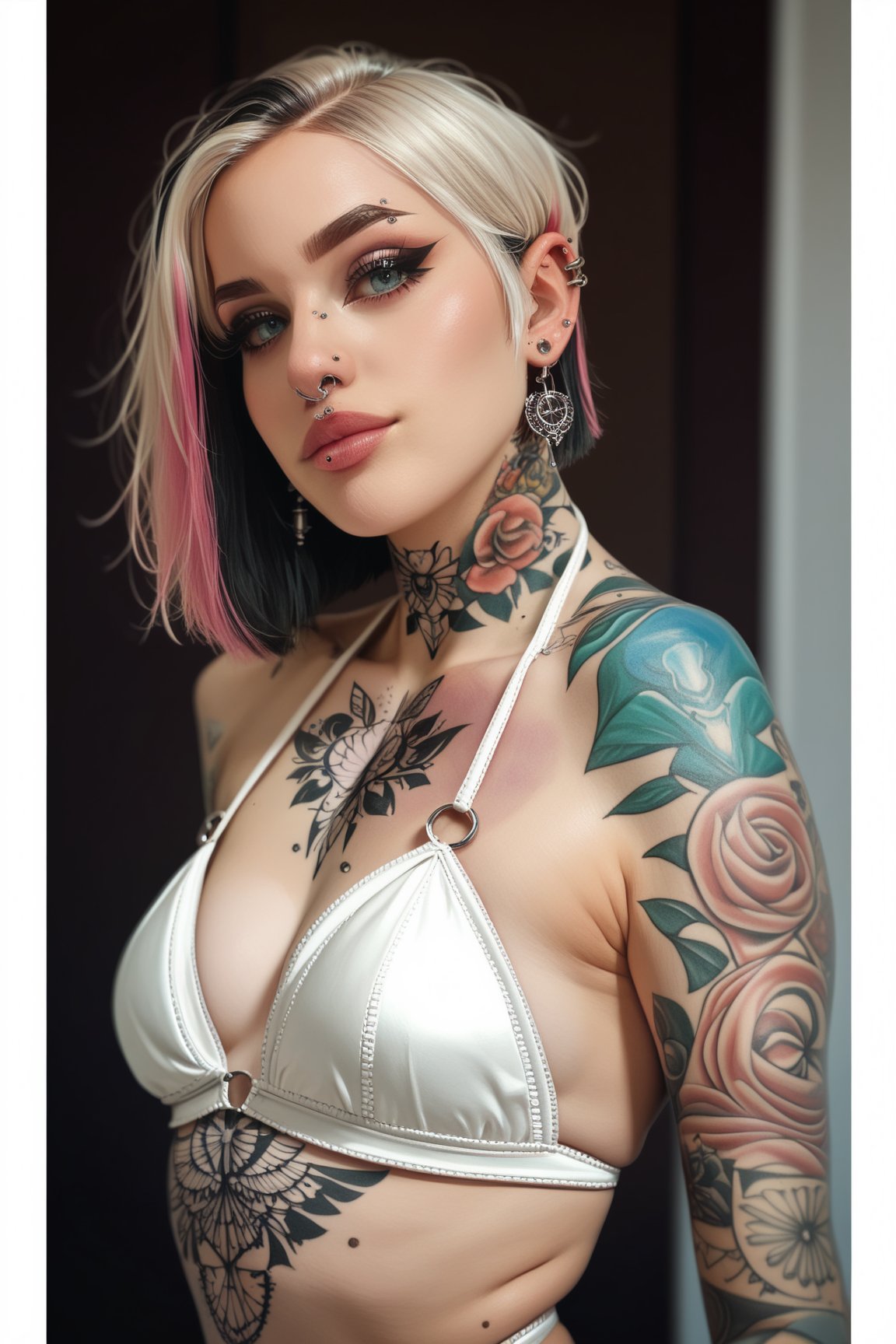score_9,score_8_up, score_7_up, score_6_up, score_5_up, score_4_up,hyper realism, photo realistic, 8k, digital slr,  1girl, 1girl,(((chest tattoo, arm tattoo, neck tattoo, piercings, septum piercing))) , swimsuit, solo,crochet  bikini, black nails, jewelry, lips, multicolored hair, emo hairstyle, standing pinup model pose, shot on a RED digital cinema camera, (masterpiece:1.4), absurdres,pink-emo, gritty urban nightlife scene