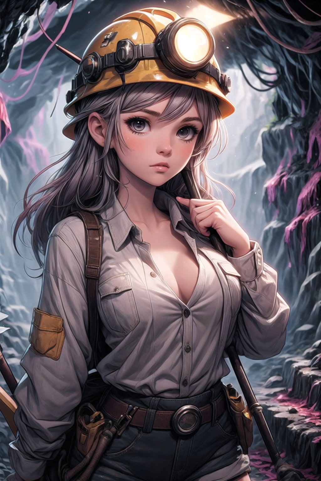 girl, miner, pickaxe, unbuttoned shirt, underground cavern,MiNr,helmet,