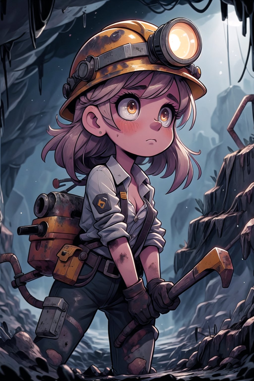girl, miner, pickaxe, unbuttoned shirt, dusty environment, rugged attire, mining equipment, helmet with headlamp, gritty appearance, determined expression, underground cavern, dim lighting, veins of ore, cavernous depths, industrial machinery, hardworking demeanor.,MiNr,helmet