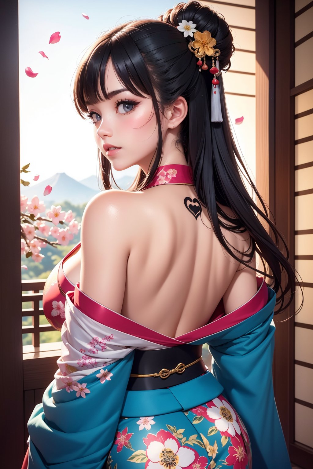 score_9, score_8_up, score_7_up, Japanese teenage girl, floral kimono, exposed shoulders, from behind, beautiful face, thick eyelashes, glossy eyes, black hair, cute smile, dark eyeshadow, shoulders tattoos, back tattoos, floral decoration in hair, falling petals, beautifully backlit, wideshot