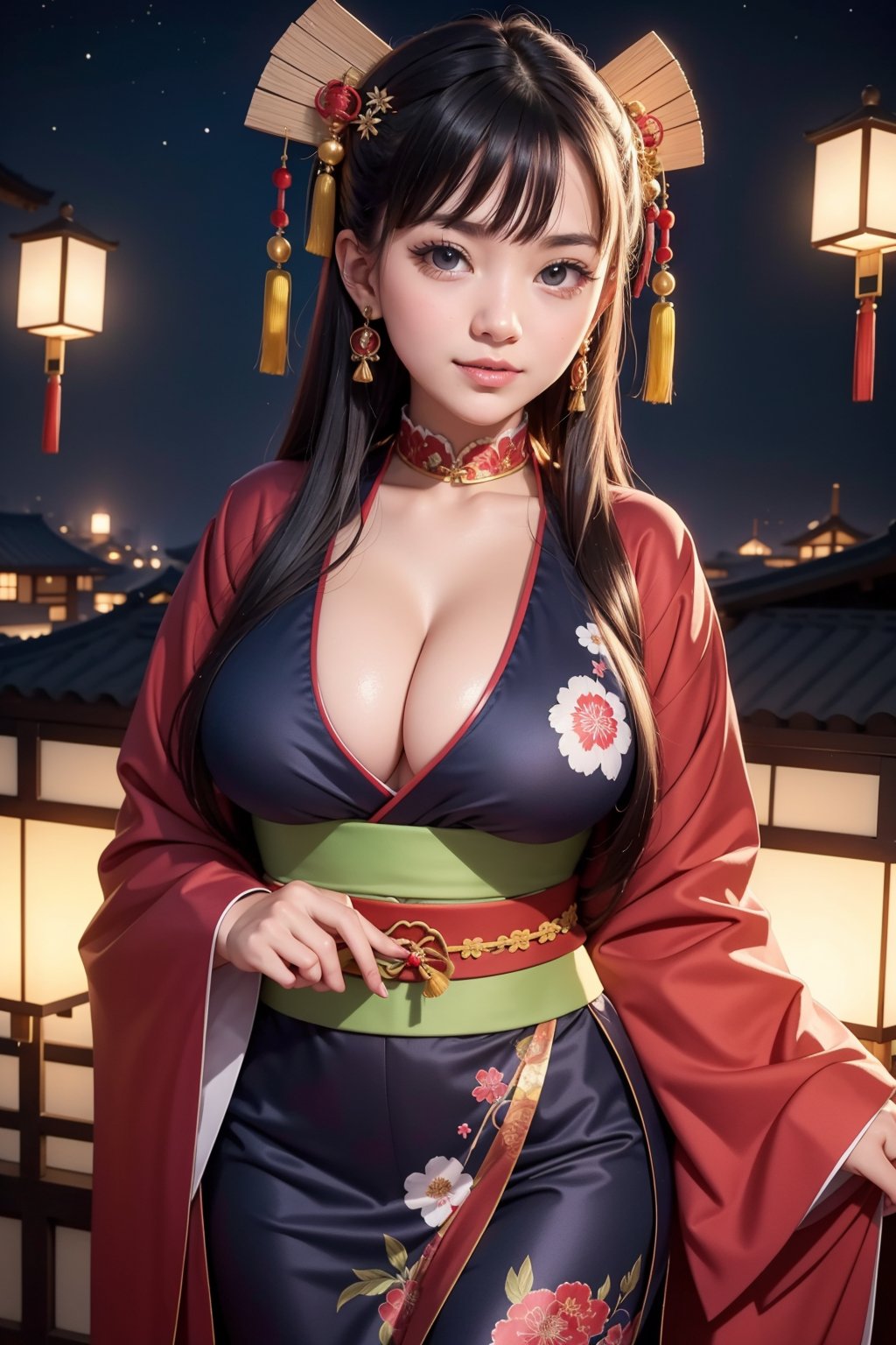 1girl, solo, long hair, looking at viewer, smile, bangs, black hair, hair ornament, long sleeves, holding, jewelry, green eyes, standing, earrings, outdoors, japanese clothes, sky, choker, wide sleeves, kimono, lips, sash, night, chinese clothes, obi, floral print, tassel, star \(sky\), night sky, side slit, lantern, realistic, hair stick, paper lantern