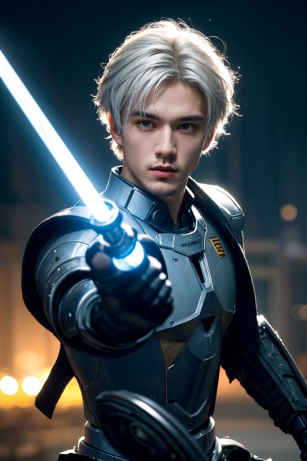 realistic, ((masterpiece)), ((best quality)), (detailed), cinematic, dynamic lighting, soft shadow, detailed background, professional photography, depth of field, intricate, detailed face, subsurface scattering, realistic hair, realistic eyes, manly, photo of a young man, mech4rmor, wearing mechanical, glowing, holding sword, saber sword, dynamic pose, fighting stance, (25 years old), white hair, cinematic background,