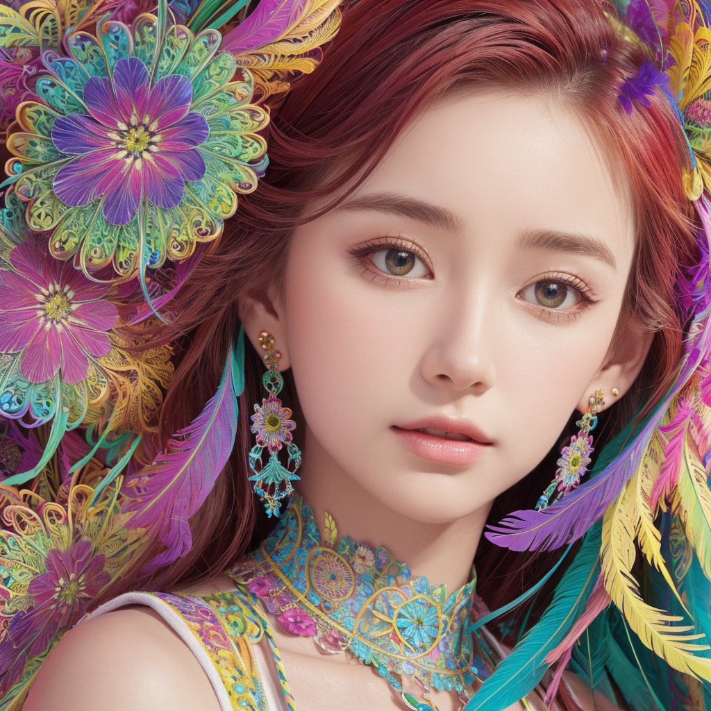 1girl, close up, moyou, masterpiece, top quality, best quality, official art, beautiful and aestheti, extremely detailed, fractal art, colorful flowers,highest detailed, zentangle, dynamic pose, abstract background, many colors, earrings,  feathers, masterpiece, best quality