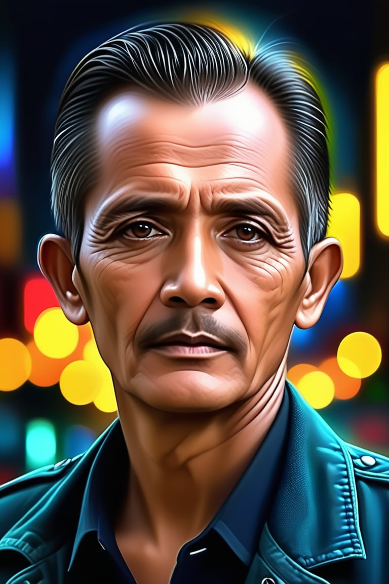 indonesian male 75 years , realistic, male, (color), post-production, intricate, (radiosity), dark eyes, (highest quality), neon city background, gloomy, depressed, dim, A close-up of a somewhat vicissitudes of a male with a deep expression, deep eyes, serious, fireflies, oil painting style, digital art oil painting, Steve Henderson style,ebes