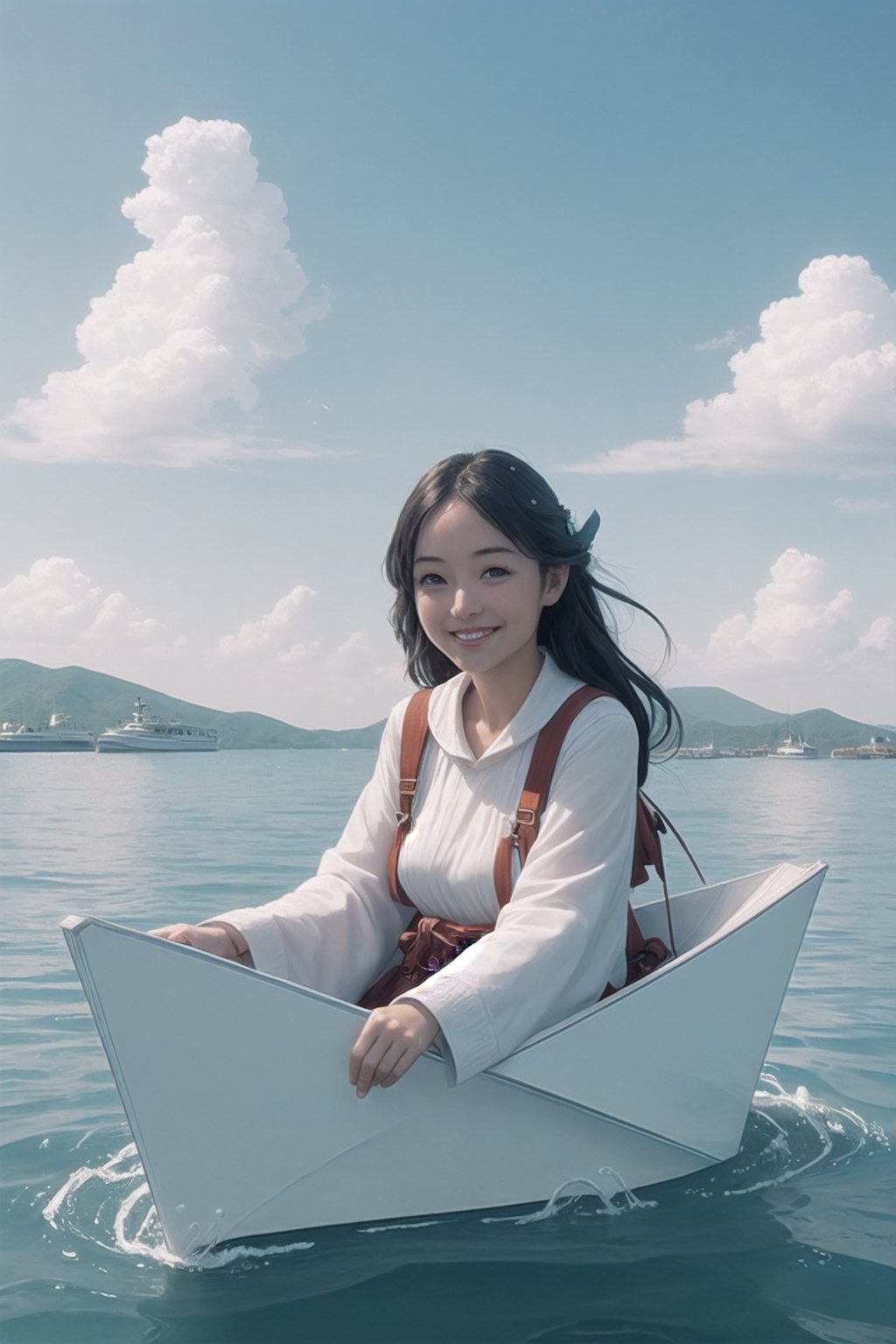 girl, smile, looking at viewer,blue sky,boat,water,PpprBt,