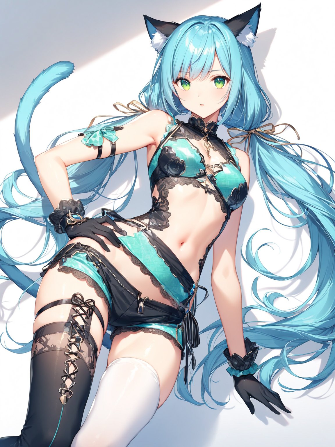 //Character, solo,MeracleChamlotte_SO4, 1girl, long hair, twintails, very long hair, green eyes, blue hair, cat ears, cat tail, low twintails, cat girl, 
//Fashion, navel, gloves, thighhighs, toeless legwear,
//Background, simple background, 
//Quality, (masterpiece), best quality, ultra-high resolution, ultra-high definition, highres, intricate, intricate details, absurdres, highly detailed, finely detailed, ultra-detailed, ultra-high texture quality, natural lighting, natural shadow, dramatic shading, dramatic lighting, vivid colour, perfect anatomy, 
//Others, 