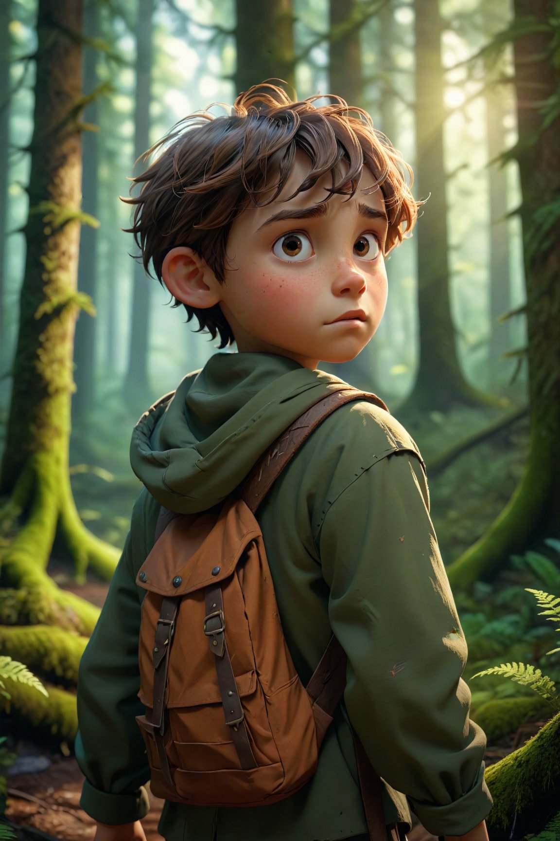 Cinematic 8K illustration, (The Tale of a Boy Who Got Lost in the Forest:1.1), Dynamic viewing angle, Beautiful and immersive storytelling, Enchanting forest adventure.