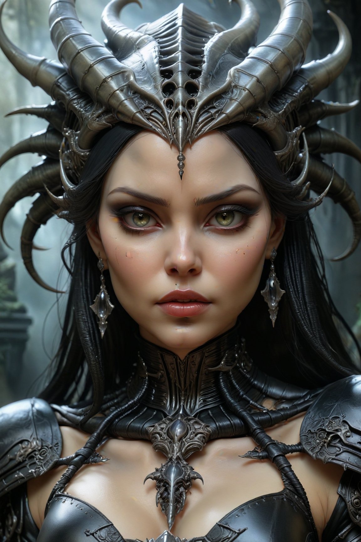 (best quality, 8K, highres, masterpiece), ultra-detailed, (Luis Royo and H.R. Giger-inspired) fantasy portrait. Imagine an ethereal queen with a regal presence, adorned in ancient attire, her skin resembling smooth white ash. Embrace athleticism and attractiveness in her demeanor. The color palette should consist of muted tones to convey powerful emotions. This close-up theme demands intricate details, vibrant brightness, and highly detailed digital art, reminiscent of Julie Bell's artistic touch. Transport the viewer into a realm where magic and sorcery intertwine with Fantasy, Science Fiction, and Mythological elements, resulting in a breathtaking masterpiece. Ensure the final image boasts good quality, sharp focus, and impressive graphics.