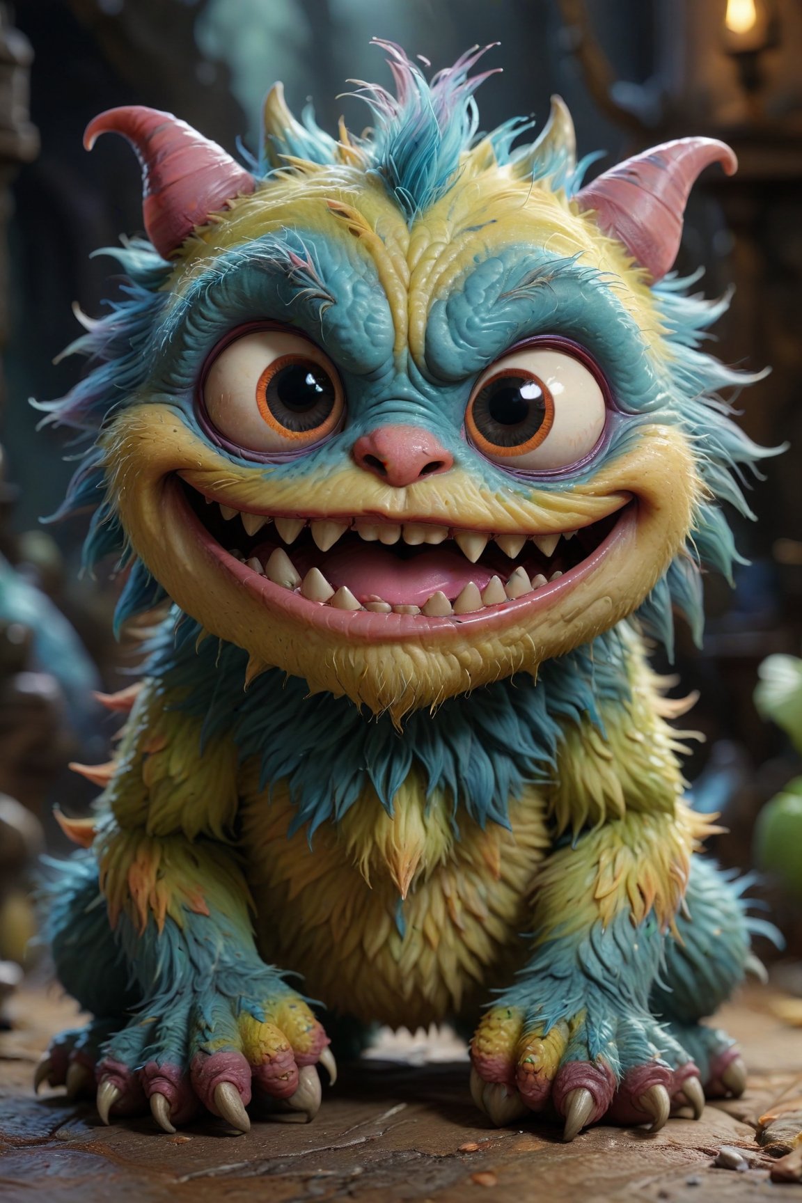 (best quality,8K,highres,masterpiece), ultra-detailed, 3D, capturing the whimsical essence of a cute, tiny monster with a distinctly creepy smile. This creature, while small in stature, boasts an array of vibrant colors and textures, making it stand out with its unique charm. Despite its eerie grin, there's an undeniable allure to its appearance, blending elements of the adorable with the slightly unsettling. The monster's eyes sparkle with mischief, suggesting a playful nature behind its unnerving smile. Its skin is highly textured, showcasing an array of soft, pastel shades that contrast with the darker, more mysterious tones of its grin. The background is deliberately blurred, focusing attention on the creature's expressive face and the intricate details that define its character. This portrayal combines the innocent with the eerie, inviting viewers into a world where even the smallest monsters carry a mix of cuteness and mystery.