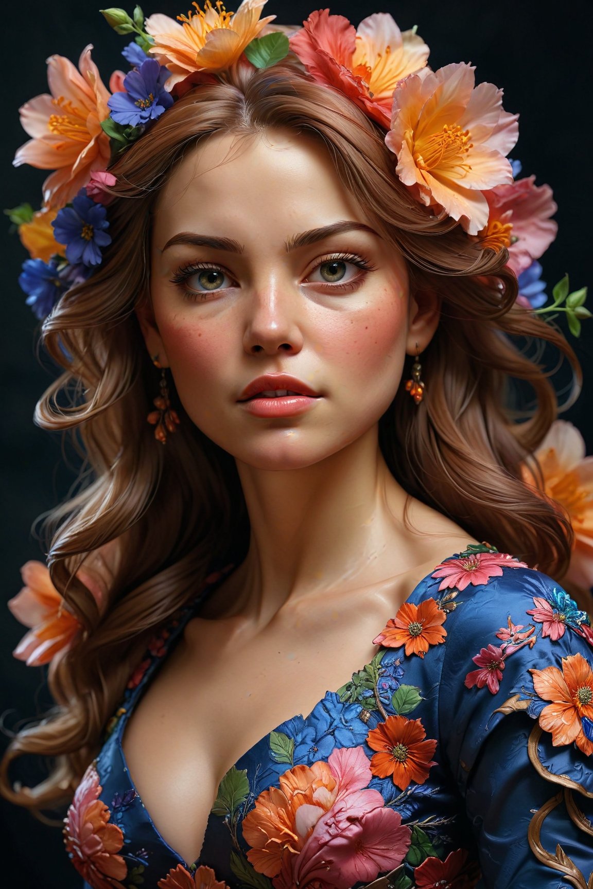 (best quality, realistic, high-resolution), colorful portrait of a woman with flawless anatomy. She is wearing a stunning flower dress that compliments her vibrant personality. Her skin is extremely detailed and realistic, with a natural and lifelike texture. The background is dark, which creates a striking contrast to the colorful flowers adorning her armor. The flowers on her armor represent her strength and beauty. The lighting accentuates the contours of her face, adding depth and dimension to the portrait. The overall composition is masterfully done, showcasing the intricate details and achieving a high level of realism