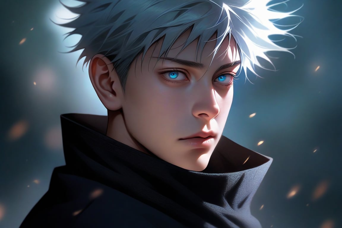 semi realistic anime, gojou satoru, \(jujutsu kaisen\), jujutsu kaisen, solo, looking at viewer, short hair, blue eyes, 1boy, grey hair, closed mouth, male focus, portrait, realistic, gojou satoru (jujutsu kaisen), masterpiece, best quality, (extremely detailed CG unity 8k wallpaper, ultra-detailed, best shadow), (detailed background), (beautiful detailed face, beautiful detailed eyes), High contrast, (best illumination, an extremely delicate and beautiful), realistic hair