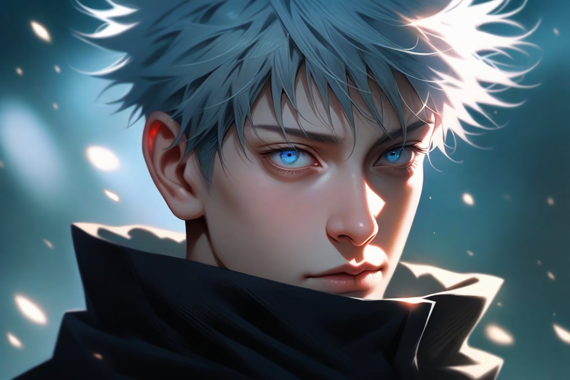 semi realistic anime, gojou satoru, \(jujutsu kaisen\), jujutsu kaisen, solo, looking at viewer, short hair, blue eyes, 1boy, grey hair, closed mouth, male focus, portrait, realistic, gojou satoru (jujutsu kaisen), masterpiece, best quality, (extremely detailed CG unity 8k wallpaper, masterpiece, best quality, ultra-detailed, best shadow), (detailed background), (beautiful detailed face, beautiful detailed eyes), High contrast, (best illumination, an extremely delicate and beautiful), realistic hair