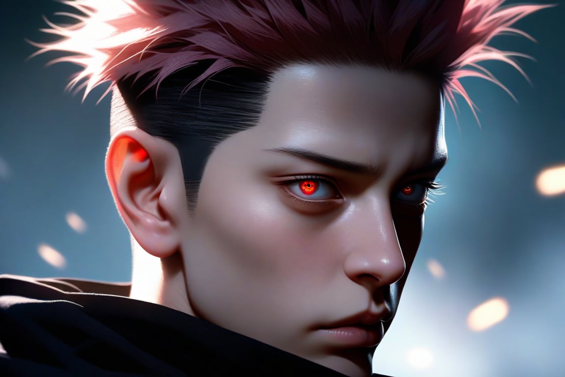 semi realistic anime, gojou satoru, \(jujutsu kaisen\), jujutsu kaisen, 3d, solo, looking at viewer, short hair, red eyes, 1boy, blue eyes, closed mouth, male focus, spiked hair, portrait, realistic, undercut, gojou satoru (jujutsu kaisen), masterpiece, best quality, (extremely detailed CG unity 8k wallpaper, masterpiece, best quality, ultra-detailed, best shadow), (detailed background), (beautiful detailed face, beautiful detailed eyes), High contrast, (best illumination, an extremely delicate and beautiful), realistic hair, photorealistic