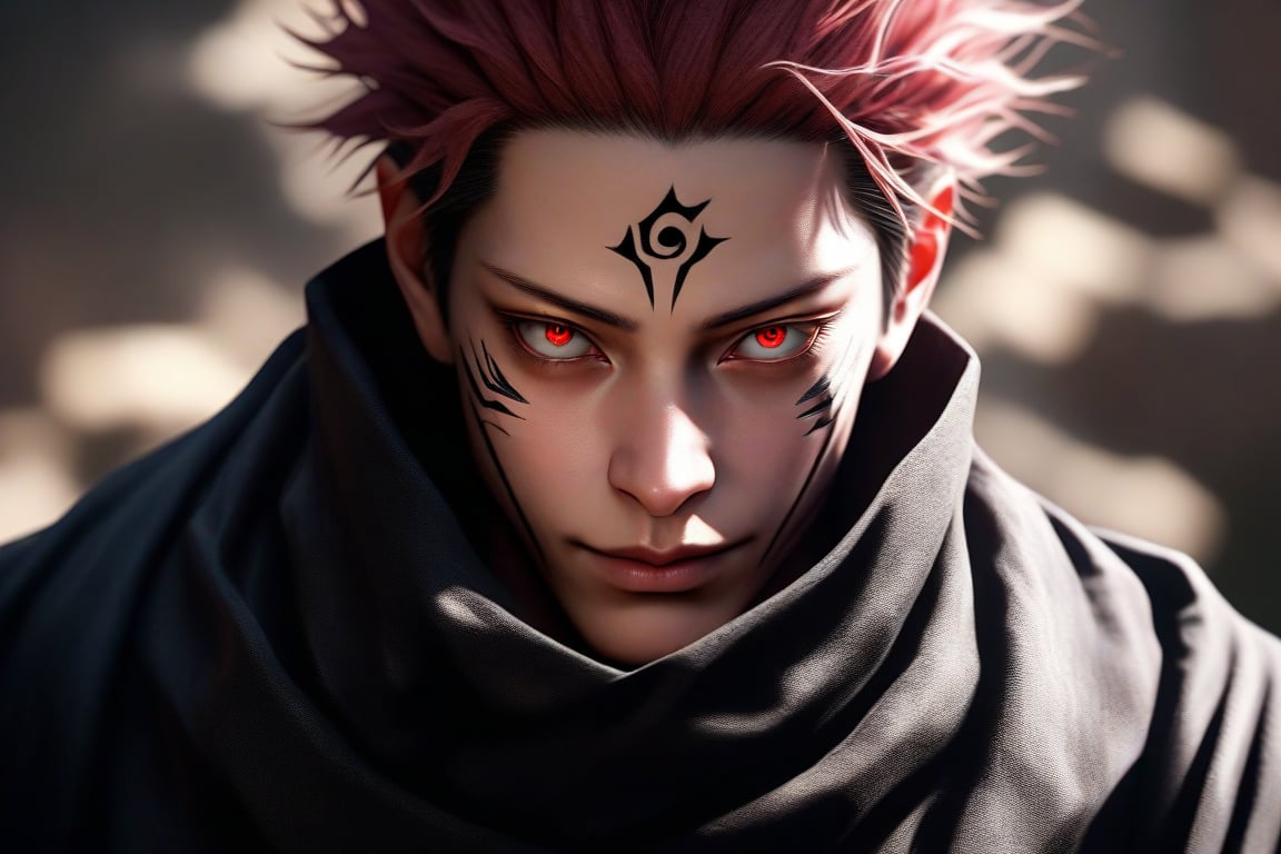 semi realistic anime, realistic, 3d, ryoumen sukuna \(jujutsu kaisen\), jujutsu kaisen, solo, looking at viewer, short hair, red eyes, 1boy, closed mouth, male focus, japanese clothes, kimono, scarf, tattoo, spiked hair, portrait, realistic, undercut, facial tattoo, extra eyes, ryoumen sukuna (jujutsu kaisen), masterpiece, best quality, (extremely detailed CG unity 8k wallpaper, masterpiece, best quality, ultra-detailed, best shadow), (detailed background), (beautiful detailed face, beautiful detailed eyes), High contrast, (best illumination, an extremely delicate and beautiful), realistic hair, photorealistic