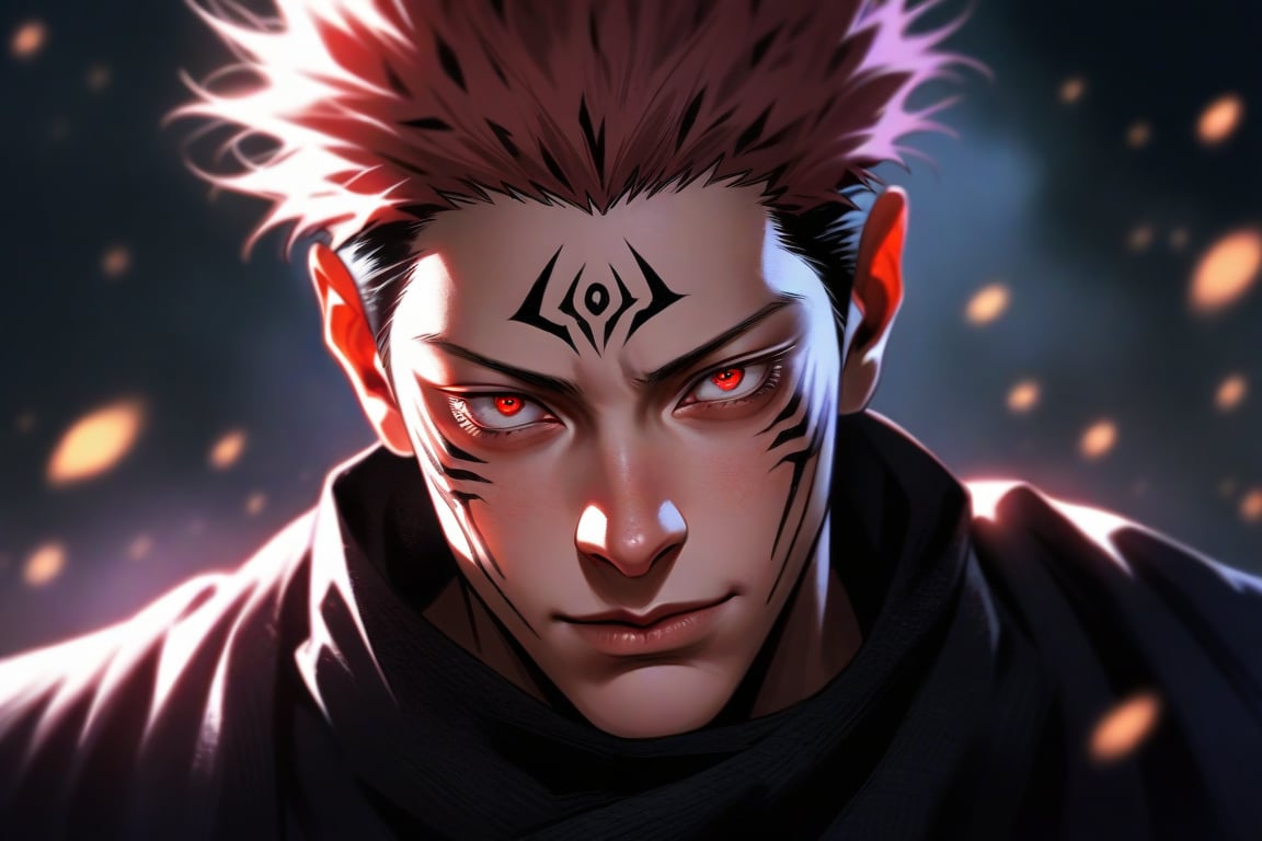 semi realistic anime, realistic, ryoumen sukuna \(jujutsu kaisen\), jujutsu kaisen, solo, looking at viewer, short hair, red eyes, 1boy, closed mouth, male focus, japanese clothes, kimono, scarf, tattoo, spiked hair, portrait, realistic, undercut, facial tattoo, extra eyes, ryoumen sukuna (jujutsu kaisen), masterpiece, best quality, (extremely detailed CG unity 8k wallpaper, masterpiece, best quality, ultra-detailed, best shadow), (detailed background), (beautiful detailed face, beautiful detailed eyes), High contrast, (best illumination, an extremely delicate and beautiful)