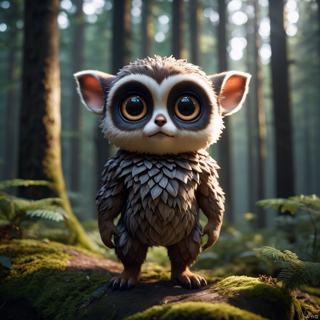  Medium shot, Adorable creature with big reflective eyes, moody lighting, best quality, full body portrait, real picture, intricate details, depth of field, in a forest, fujifilm xt3, outdoors, bright day, beautiful lighting, raw photo, 8k uhd, film grain, unreal engine 5, ray tracing