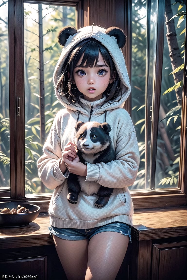 close up,best quality, masterpiece, beautiful and aesthetic, vibrant color, Exquisite details and textures, Warm tone, ultra realistic illustration, (cute Latino girl, 8year old:1.5), (Forest theme:1.4), cute eyes, big eyes, (a surprised look:1.3), cinematic lighting, ambient lighting, sidelighting, cinematic shot, siena natural ratio, children's body, anime style, head to thigh portrait, long Straight blonde hair with blunt bangs, a Panda hood, holding a doll, shorts, white turtleneck, ultra hd, realistic, vivid colors, highly detailed, UHD drawing, perfect composition, beautiful detailed intricate insanely detailed octane render trending on artstation, 8k artistic photography, photorealistic concept art, soft natural volumetric cinematic perfect light. ,glass
