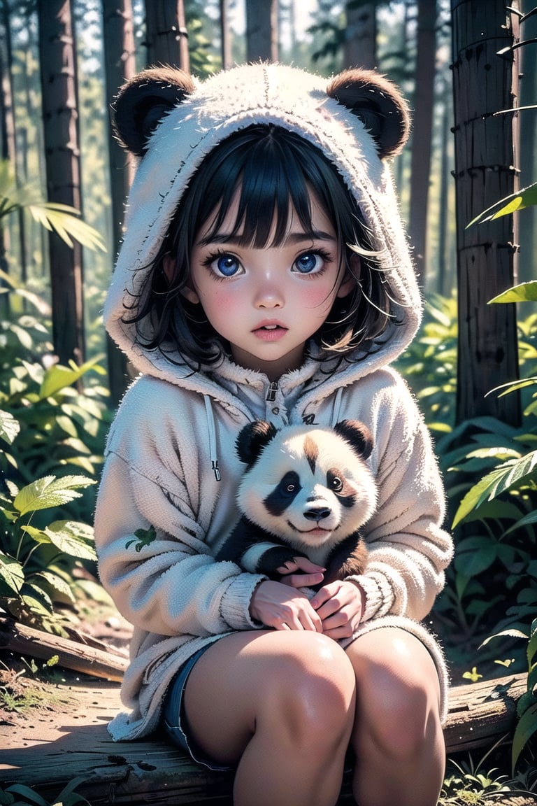 best quality, masterpiece, beautiful and aesthetic, vibrant color, Exquisite details and textures, Warm tone, ultra realistic illustration, (cute Latino girl, 8year old:1.5), (Forest theme:1.4), cute eyes, big eyes, (a surprised look:1.3), cinematic lighting, ambient lighting, sidelighting, cinematic shot, siena natural ratio, children's body, anime style, head to thigh portrait, long Straight blonde hair with blunt bangs, a Panda hood, holding a doll, shorts, white turtleneck, ultra hd, realistic, vivid colors, highly detailed, UHD drawing, perfect composition, beautiful detailed intricate insanely detailed octane render trending on artstation, 8k artistic photography, photorealistic concept art, soft natural volumetric cinematic perfect light. ,glass
