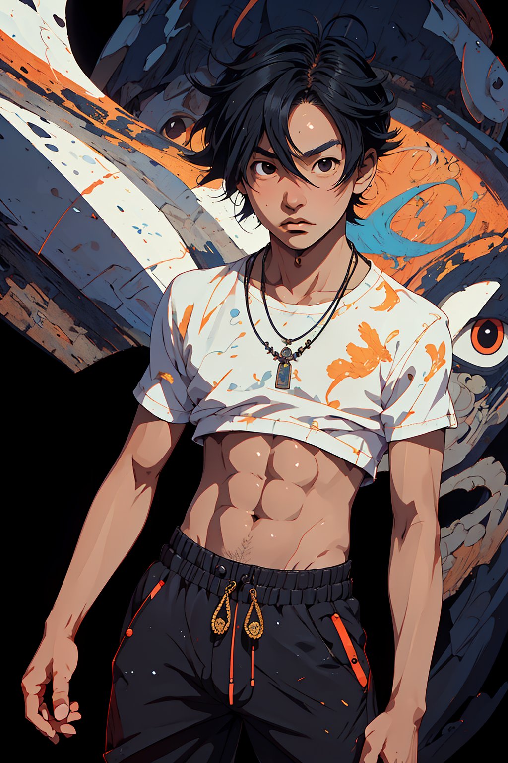 1boy, Tsutomu Senkawa solo, oil painting, impasto, looking at viewer, a handsome young man, 18 years old,  short black hair, black eyes. black wind, tribal necklace, warrior psychedelic outfit, black Joggers pants, athletic body, psychedelic background, masterpiece, nijistyle, niji, , sciamano240, soft shading,,Tsutomu Senkawa,Black Hair,Black Eyes,Birdy the Mighty