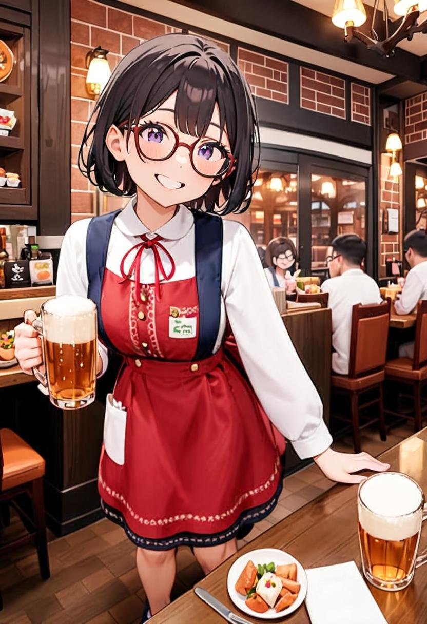masterpiece, best quality, very aesthetic, absurdres, cute,1girl, solo , glasses, black hair, medium hair, smile, looking at viewer, happy, smile,NMC, apron, ribbon, neck ribbon, standing, shirt, red ribbon, long sleeves, red apron, smile, skirt, blue footwear, white shirt, dress,indoors, multiple boys, window, food, restaurant, holding beer mug, standing, cup, white shirt, counter, chair, table,<lora:NMC_SDXL_V2:0.8>