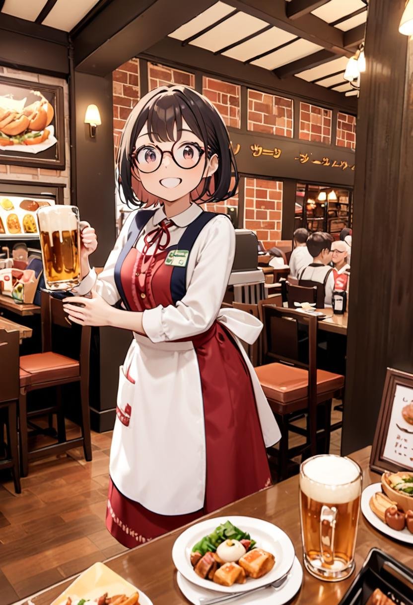 masterpiece, best quality, very aesthetic, absurdres, cute,1girl, solo , glasses, black hair, medium hair, smile, looking at viewer, happy, smile,NMC, apron, ribbon, neck ribbon, standing, shirt, red ribbon, long sleeves, red apron, smile, skirt, blue footwear, white shirt, dress,indoors, multiple boys, window, food, restaurant, holding beer mug, standing, cup, white shirt, counter, chair, table,<lora:NMC_SDXL_V2:0.8>