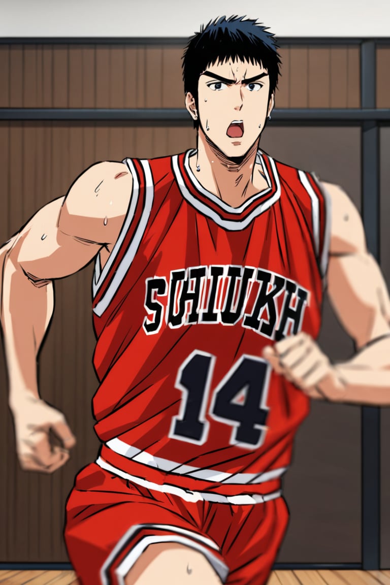 (hisash1mitsui), bluish tinted hair, mouth open, red basketball uniform, running, looking at viewer, sweat, wooden floor, gymnasium, cowboy shot, semi side view, ((motion blur)), masterpiece, best quality, ultra high definition, 1080p