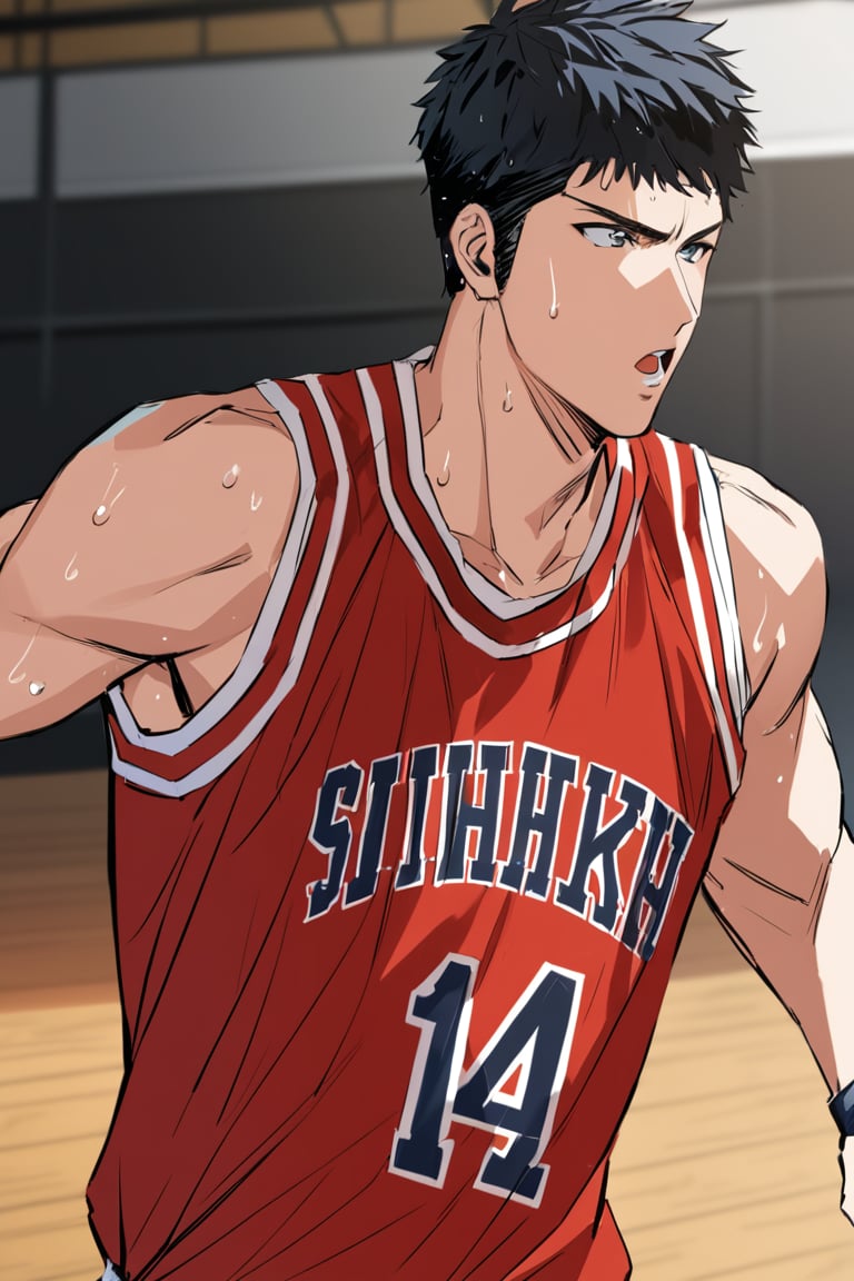 (hisash1mitsui), bluish tinted hair, mouth open, red basketball uniform, running, looking side ways, sweat, wooden floor, gymnasium, cowboy shot, semi side view, masterpiece, best quality, ultra high definition, 1080p