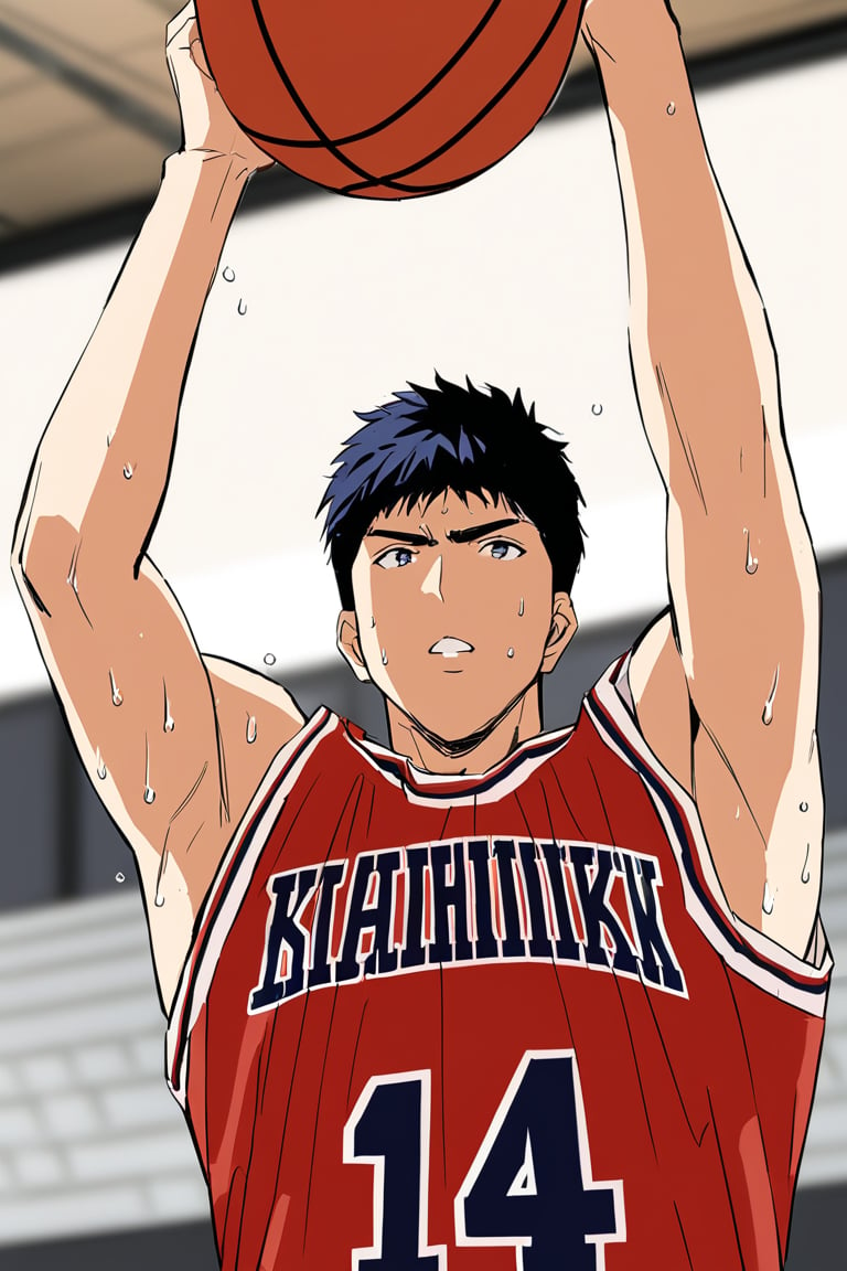 (hisash1mitsui), bluish tinted hair, red basketball uniform, arms up, looking up, shooting basketball, sweat, wooden floor, gymnasium, cowboy shot, motion blur, masterpiece, best quality, ultra high definition, 1080p