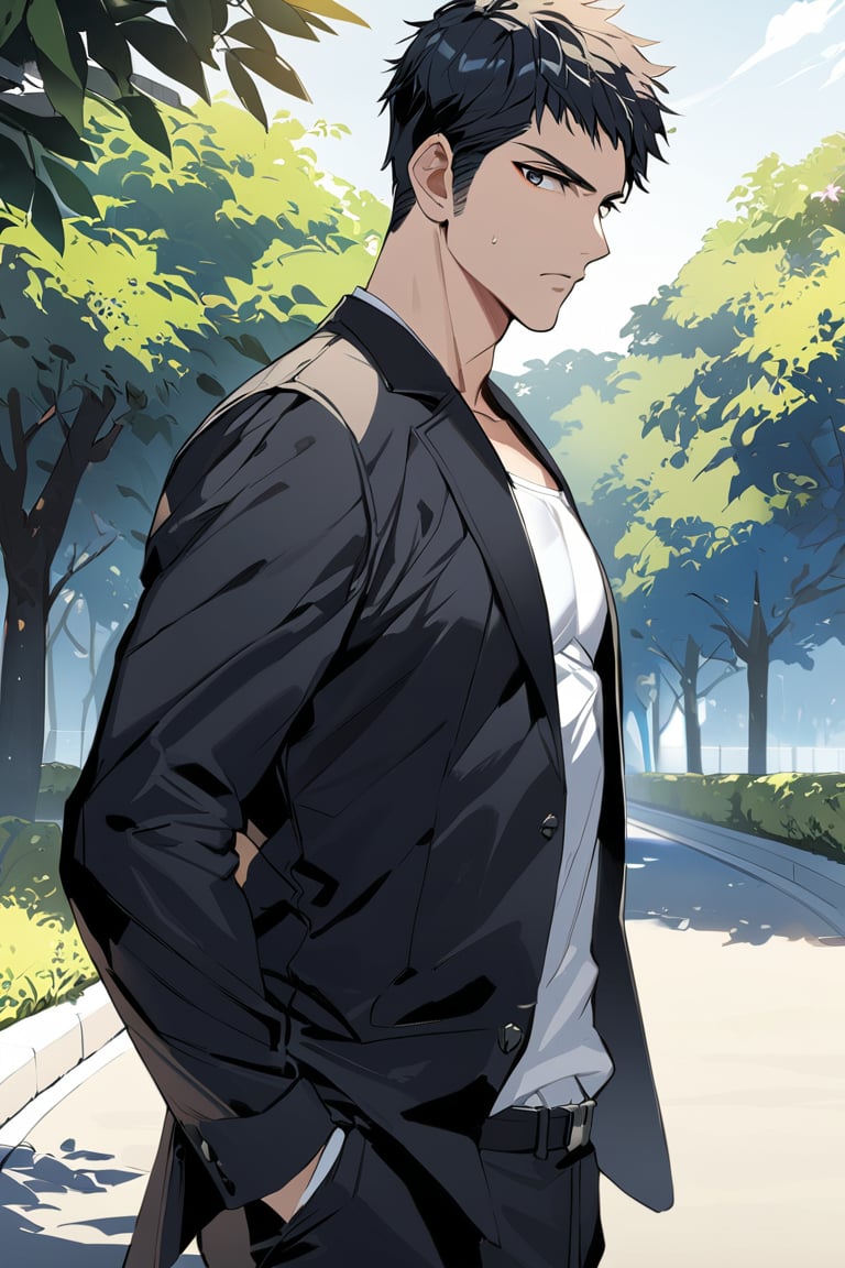 (hisash1mitsui), bluish tinted hair, serious, white shirt, black jacket over shoulder, in a park, cowboy shot, semi side view, masterpiece, best quality, ultra high definition, 1080p