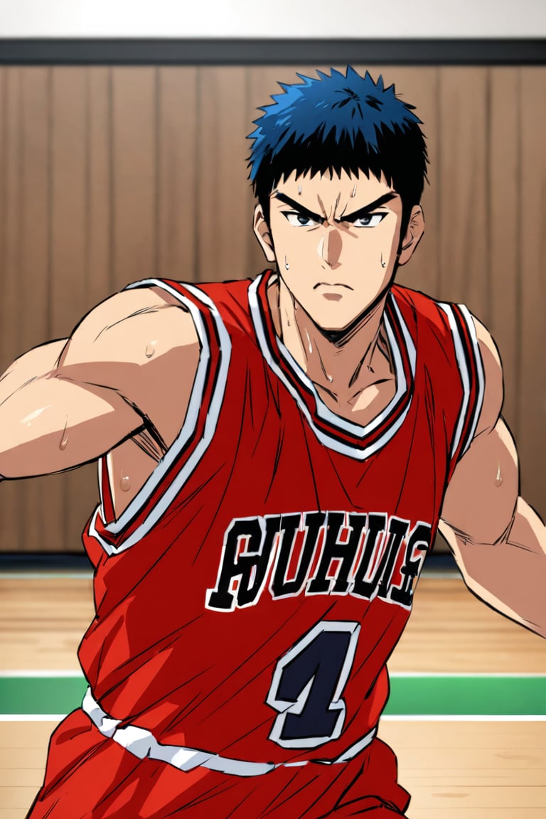 (hisash1mitsui), blue tinted hair, serious, red basketball uniform, running, looking at viewer, sweat, wooden floor, gymnasium, cowboy shot, semi side view, ((motion blur)), masterpiece, best quality, ultra high definition, 1080p