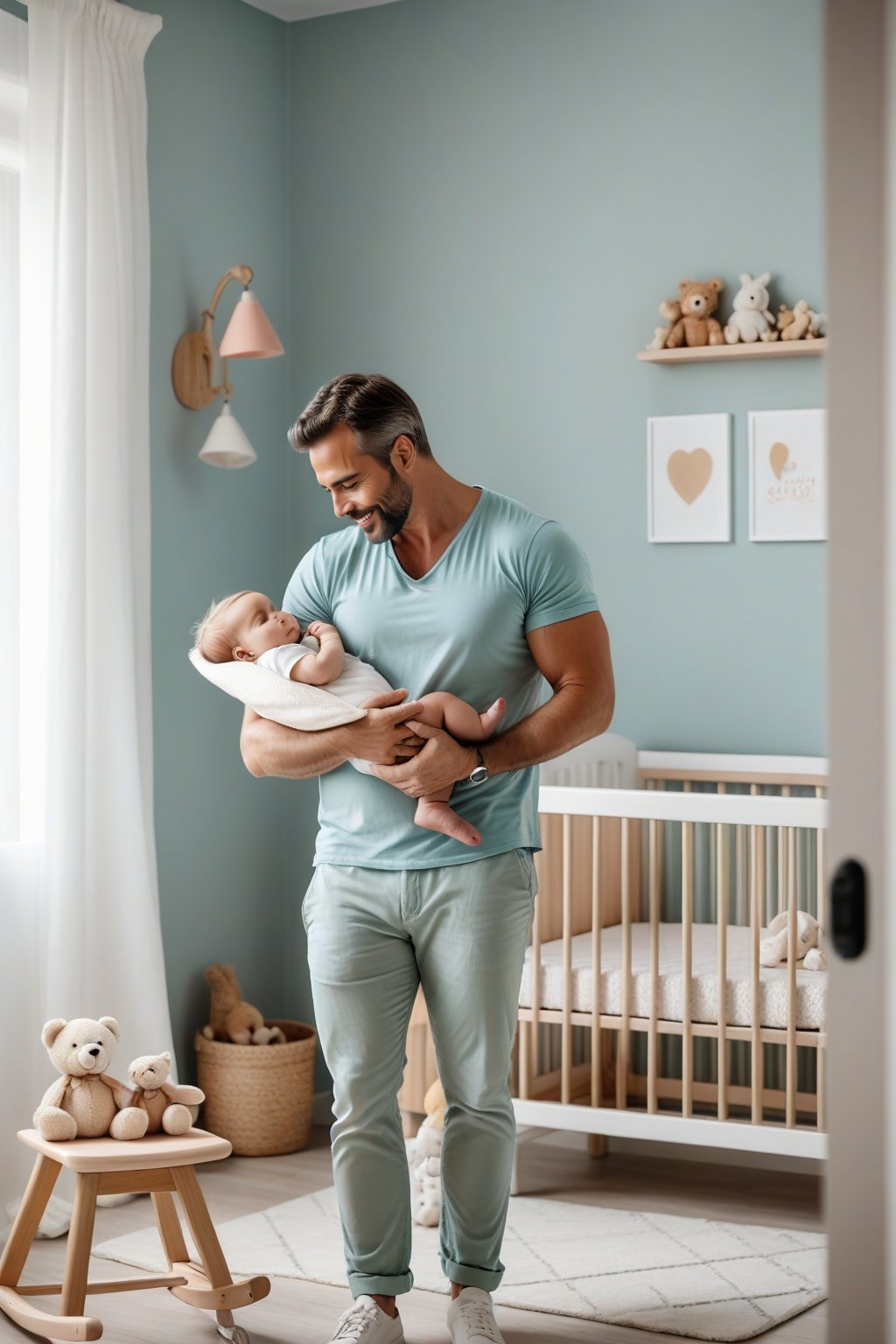 imagine the following scene In a pastel-colored baby room with a crib, mobiles and toys is a handsome mature man with a baby in his arms. The man is Greek, 40yo, handsome, masculine, strong. The baby is blonde. The baby sleeps in the man's arms. The image is tender, it represents the love of a father for his son.