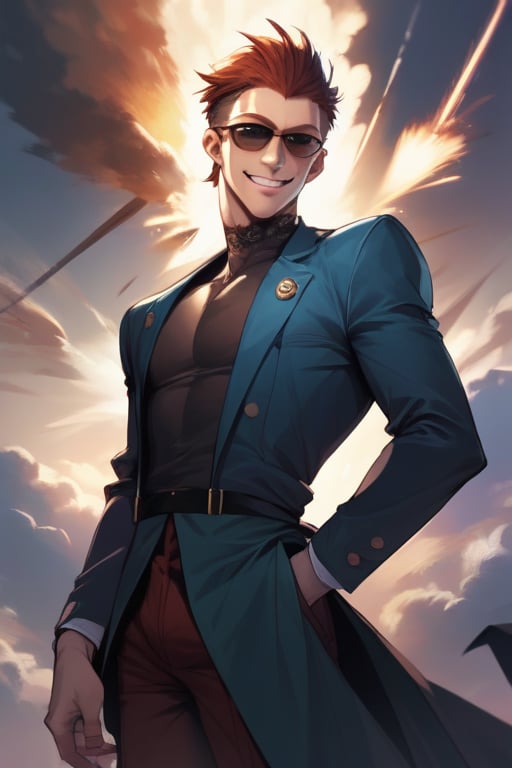 score_9, score_8_up, score_7_up,mature male spy smiling mischievously, wearing black sunglasses, lean, auburn hair, short hair, slicked back hair, explosion in background, cowboy shot, source_anime, looking at viewer
