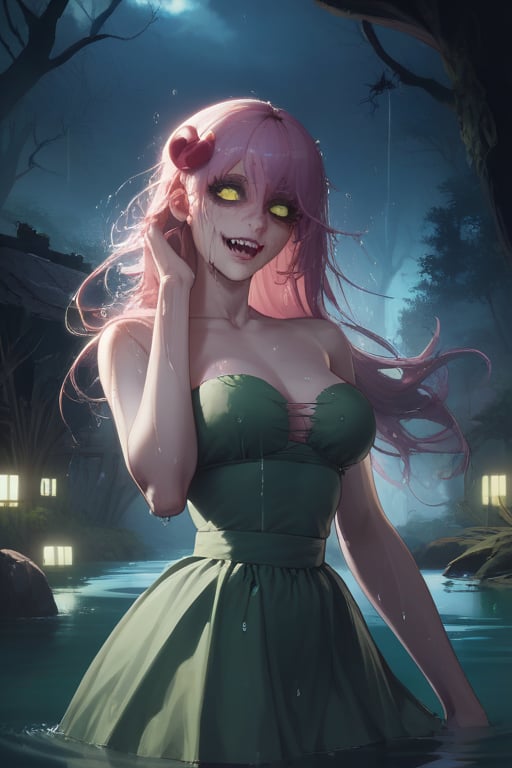 score_9, score_8_up, score_7_up, a beautiful female Slavic swamp demon, DziwoÅ¼ona, long wet hair, swamp, green dress, demonic teeth, Mamuna, rising from the water, evil eyes, crazy, hunched over ,night, spooky, horror movie, dynamic pose, green neon lights
