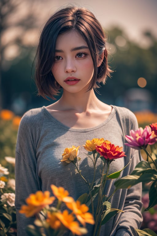 woman,flowers (innocent grey),exposure blend, medium shot, bokeh, (hdr:1.4), high contrast, (cinematic, teal and orange:0.85), (muted colors, dim colors, soothing tones:1.3), low saturation