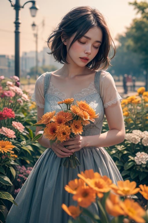woman,flowers (innocent grey),exposure blend, medium shot, bokeh, (hdr:1.4), high contrast, (cinematic, teal and orange:0.85), (muted colors, dim colors, soothing tones:1.3), low saturation