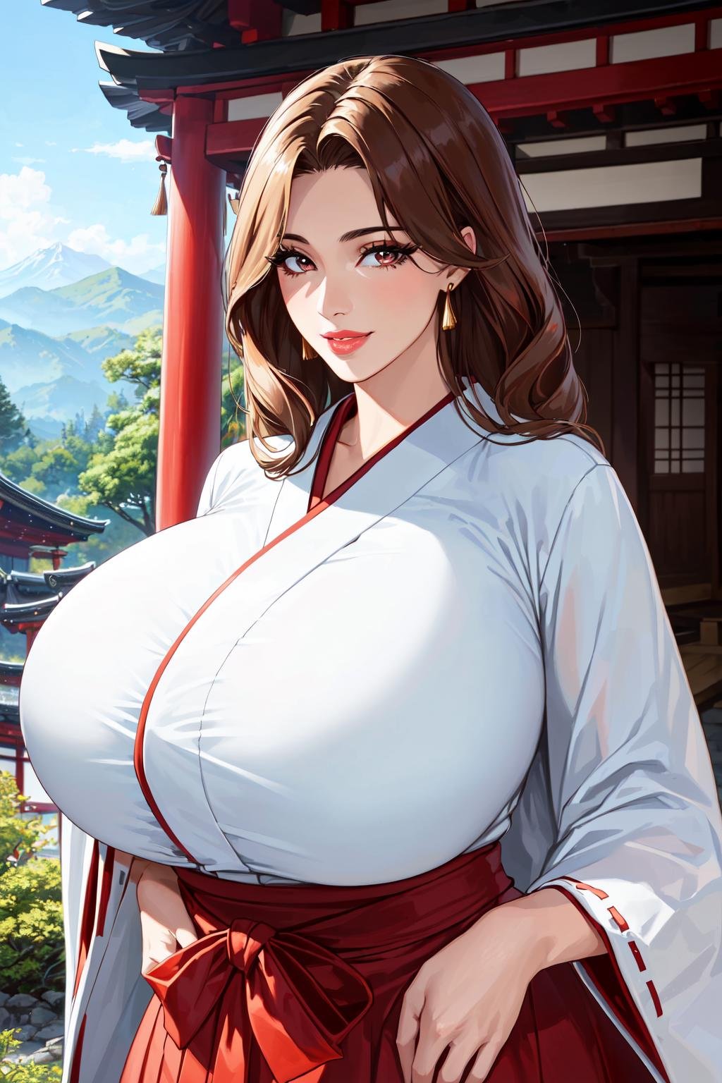 ((masterpiece)), ((best quality)), (ultra-detailed), absurdres, extremely detailed CG unity 8k wallpaper, Official Art, beautiful face, detailed hands, expressive eyes, upper body, close up, solo, (shrine, japanese architecture, scenery, illustration, dramatic lighting:1.1), (standing, seductive smile, parted lips:1.2), (1girl, mature female, milf, motherly, narrow waist, huge breasts, wide hips, sharp eyelashes, lips:1.4), (white kimono, miko, red hakama:1.3), ((masterpiece)), , absurdres, HDR <lora:GoodHands-beta2:1> 