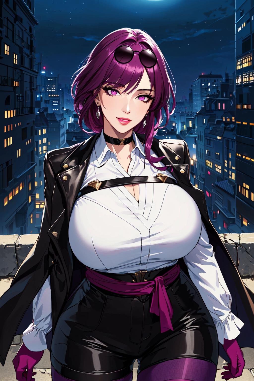 ((masterpiece)), ((best quality)), (ultra-detailed), absurdres, extremely detailed CG unity 8k wallpaper, Official Art, beautiful face, detailed hands, expressive eyes, upper body, close up, solo, (city, night, scenery, illustration, dramatic lighting:1.1), (standing, seductive smile, parted lips:1.2), (1girl, mature female, milf, motherly, narrow waist, huge breasts, wide hips, sharp eyelashes, lips, purple eye, purple hair:1.4), (Kafka, sunglasses, eyewear on head, choker, long sleeves, collared shirt, black shorts, purple gloves, purple straps, pantyhose, black jacket, jacket on shoulder, arm strap, earrings, thigh boots, thigh strap, pantyhose:1.3), ((masterpiece)), , absurdres, HDR <lora:kafka-v3-nai-13ep-resize:0.8>