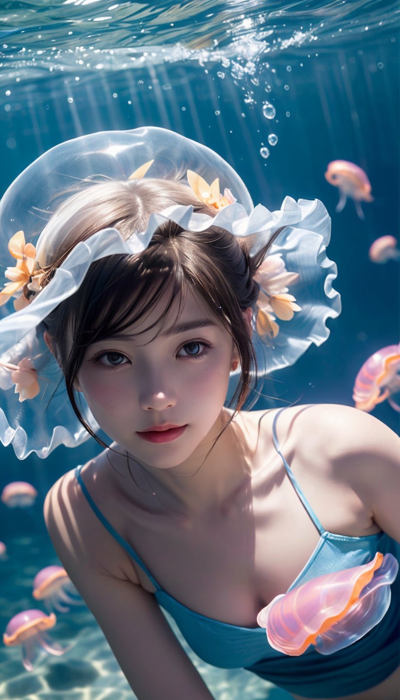 (best quality, masterpiece:1.2),ultra detailed,(photo realistic:1.4),solo,cute girl,jellyfish,diving_the_water_background,halation_background
