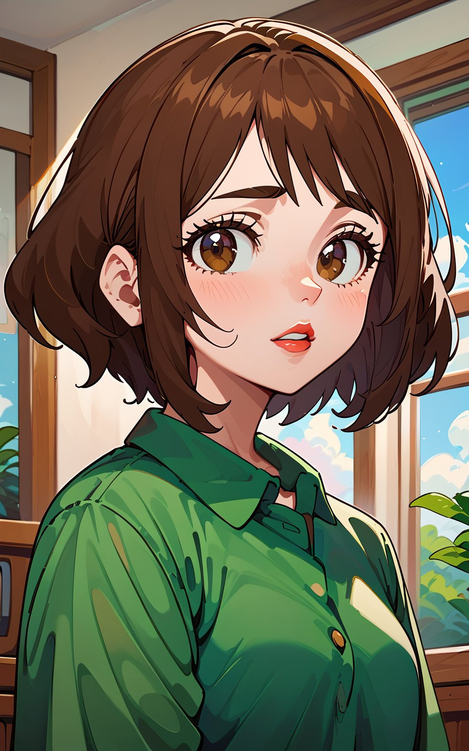 score_9,score_8_up,score_7_up, 1girl,looking at viewer,blush,short hair,bangs,brown hair,shirt,brown eyes,upper body,parted lips,sky,collared shirt,cloud,indoors,lips,eyelashes,window,bob cut,green shirt,uraraka ochako