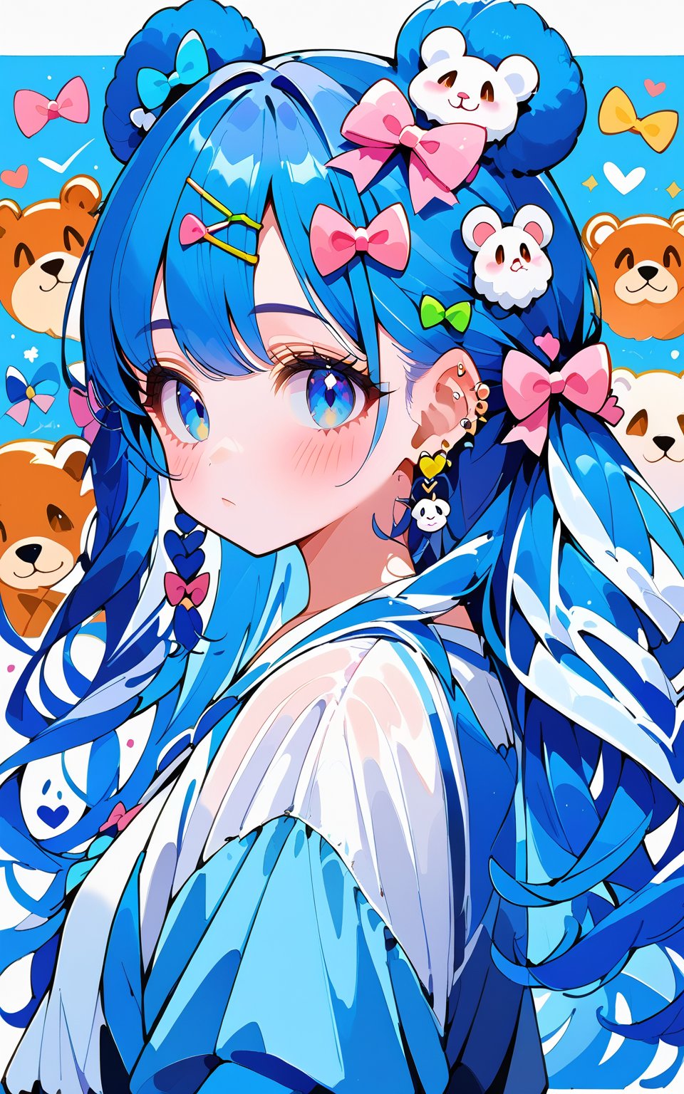 score_9,score_8_up,score_7_up, 1girl,long hair,looking at viewer,blush,bangs,blue eyes,shirt,hair ornament,long sleeves,bow,animal ears,hair between eyes,jewelry,closed mouth,blue hair,upper body,ahoge,hair bow,heart,earrings,hairclip,from side,blue bow,piercing,pink bow,ear piercing,rabbit hair ornament,bear ears,bear hair ornament