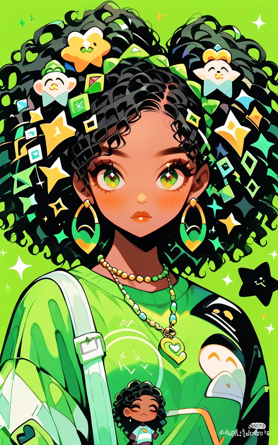 score_9,score_8_up,score_7_up, 1girl,looking at viewer,blush,shirt,black hair,hair ornament,jewelry,green eyes,heart,earrings,dark skin,necklace,star (symbol),sweater,dark-skinned female,sparkle,green background,curly hair,hoop earrings,green shirt,heart hair ornament,print shirt