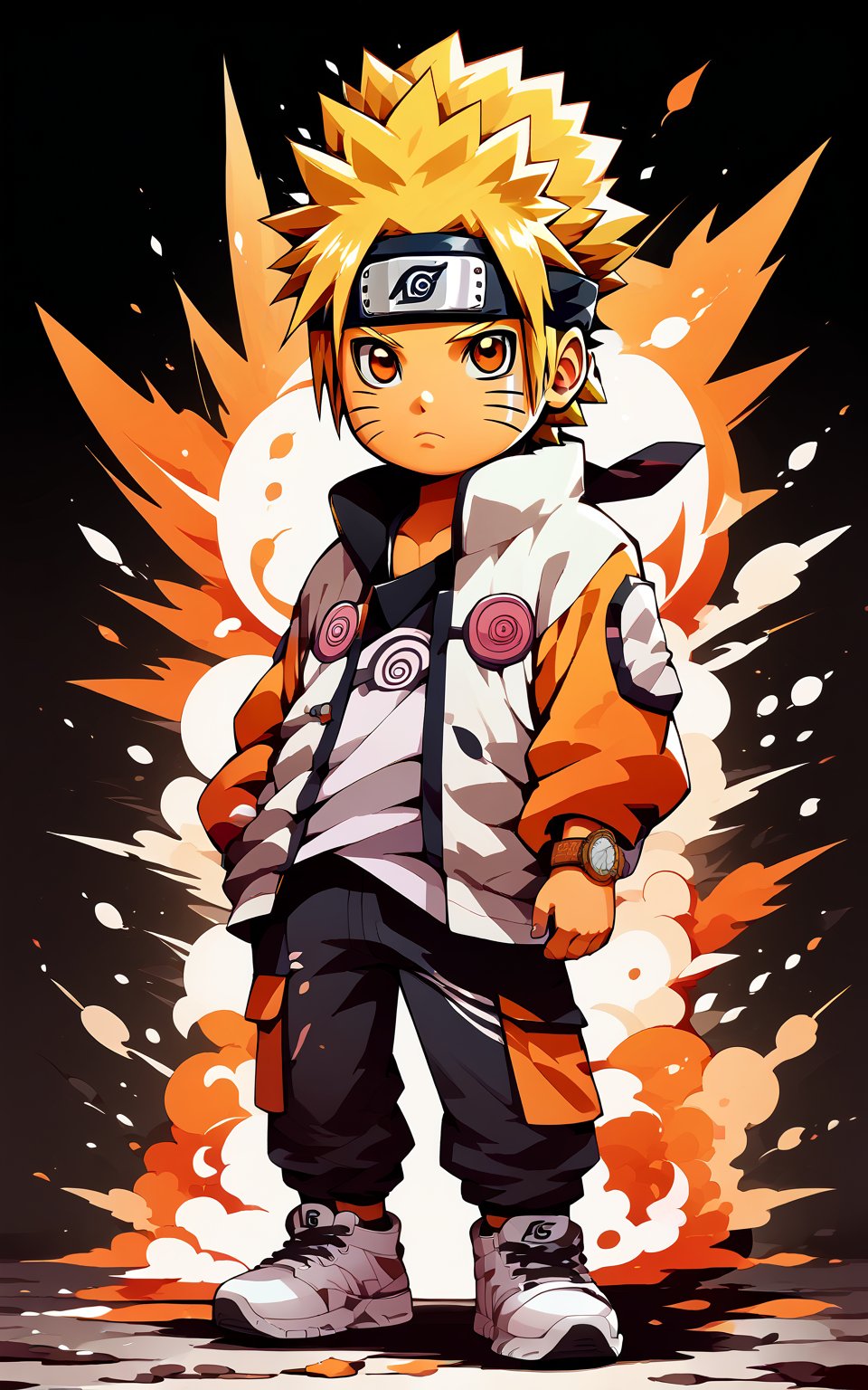 score_9,score_8_up,score_7_up, looking at viewer,blonde hair,shirt,1boy,standing,jacket,full body,male focus,shoes,pants,facial mark,spiked hair,sneakers,child,watch,wristwatch,whisker markings,male child,konohagakure symbol,uzumaki naruto