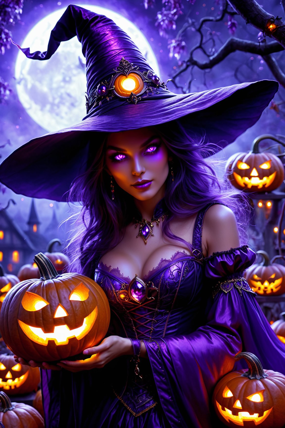 a purple witch purple glowing eyes pumkin lanterns fantasy art highly detailed digital painting, fantasy art beautiful many details epic fantasy photo realism digital art Cinematic Photography art



,Extremely Realistic